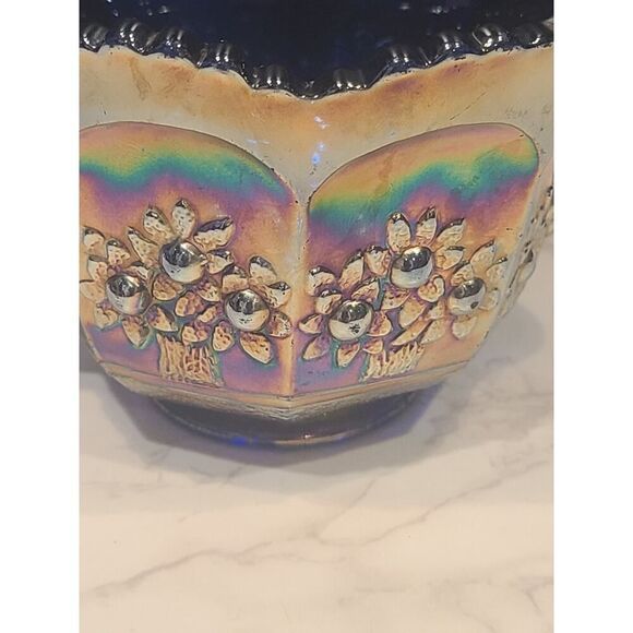 Fenton Carnival Glass Creamer Orange Tree Pattern Blue Base Scallop Edge GUC - Picture 2 of 9